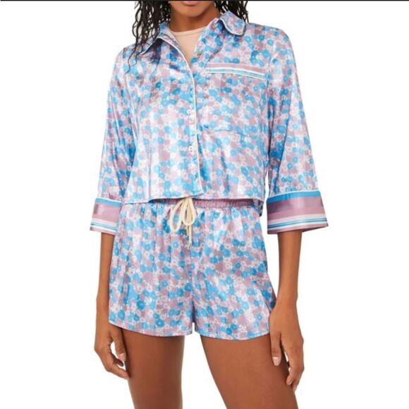 Free People M Pillow Talk Satin Pajama Set Lilac Blue Floral Print Silky New - Picture 8 of 13